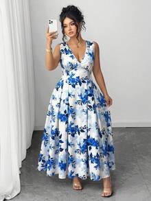 Elenzga Plus Size Women's Elegant Floral Print V-Neck Sleeveless Waist Cinched A-Line Dress, Early Spring Garden Party Formal Dress Blue And White Floral Dress Prom - Blue - View 6