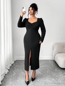 Elenzga Plus Size Women's Elegant Solid Color Square Neck Puff Sleeve Ruched Waist Split Hem Bodycon Dress, Suitable For Business, Date, Party, Afternoon Tea, Holiday, Christmas, Valentine's Day, Autumn/Winter - Black - View 6