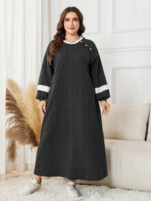 Lacomfia Plus Size Color Block Long Sleeve Casual Knit Hoodie - Black - View 1