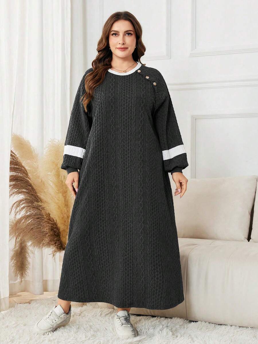 Lacomfia Plus Size Color Block Long Sleeve Casual Knit Hoodie - Black - View 1