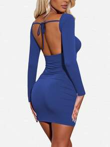 INAWLY Women's Solid Color Long Sleeve Pleated Slim Fit Mini Dress - Blue - View 2
