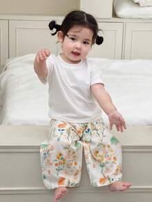 DAZY 2 piezas Conjunto de ropa de estar en casa para niñas pequeñas con camiseta de manga larga de unicolor y pantalones con estampado floral - Blanco - Ver 6