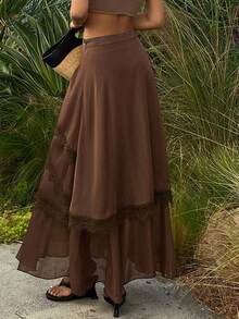 Livesso Fashionable Loose Casual Vacation Textured Lace Patchwork Flared Skirt, Spring/Summer - Brown - View 7