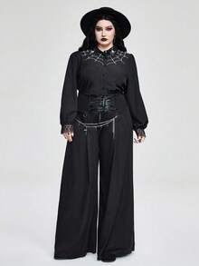 ROMWE Goth 深色哥特式蜘蛛网刺绣大码衬衫 - 黑色 - 查看 3