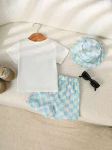 SHEIN Playful Pals 3pcs Baby Boy Toddler Infant Kids Cute Fashion Casual White Pastel Blue Pink Green Checkered Checkerboard Plaid Pattern Letter Print Graphic Short Sleeve Round Neck T-Shirt Tops And Elastic Waist Shorts Bottoms Two Piece Outfit Sets Soft Clothes For Daily Wear Beach Vacation Holiday Summer Spring Toddler Checkered Outfit Gingham Toddler Summer Wear For Boys Baby Boy Checkered Outfit Toddler Summer Clothes Boy - Blue and White - View 2