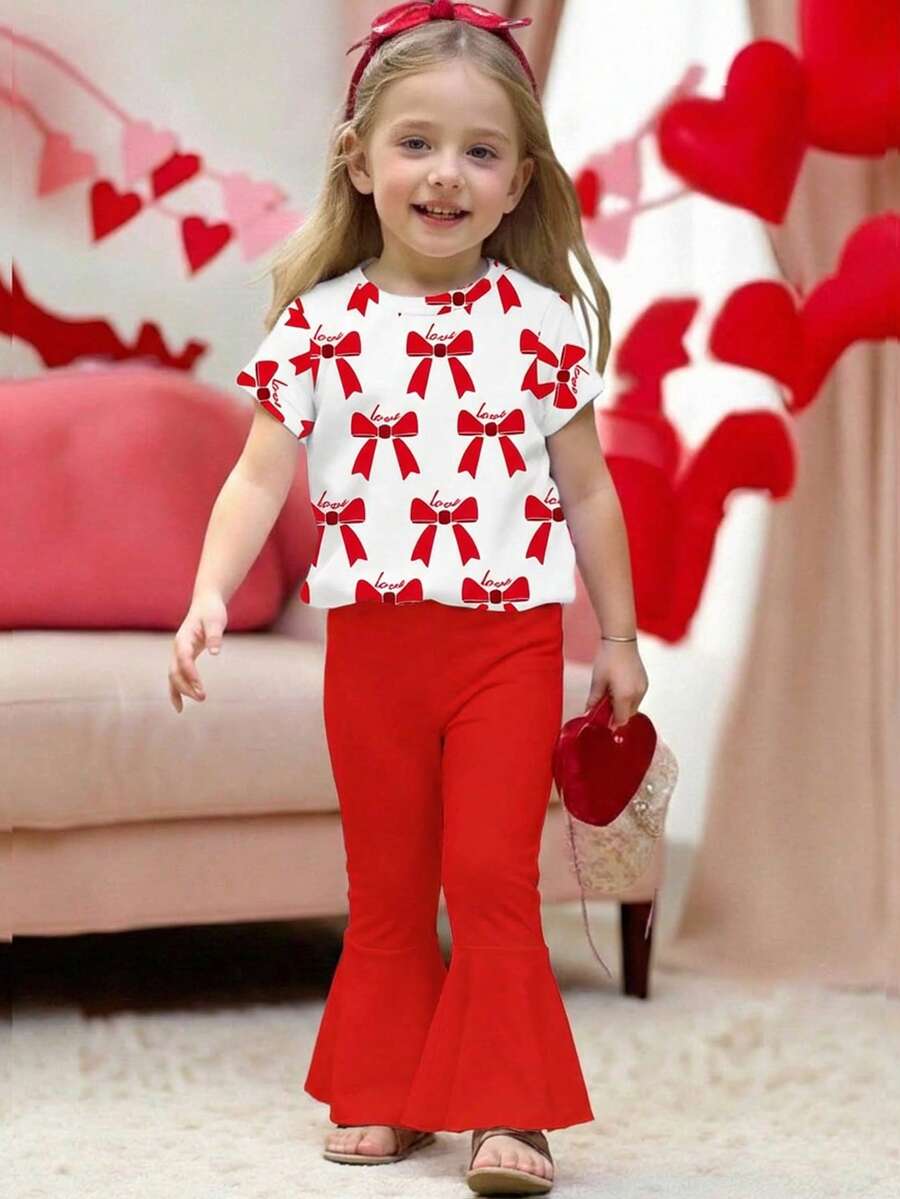 SHEIN Playful Pals 1 Set Baby Girls Casual Fashion Cute Bow Graphic Print Round Neck Short Sleeve T-Shirt And Flare Pants Outfit, Red - Multicolor - View 1