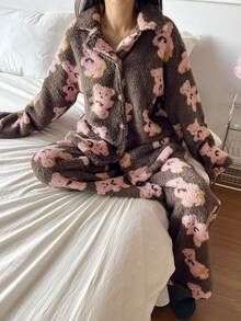 DAZY Women's Bear Pattern Plush Loose Pajama Set, Winter - Coffee Brown - View 5