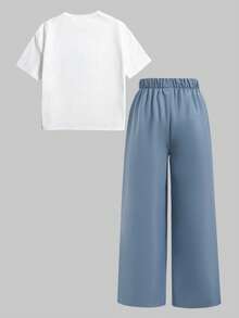 Girlism 两件套少女休闲T恤套装，饰有蝴蝶结刺绣，圆领短袖T恤搭配工装裤，时尚春夏装扮 - 藍白色 - 查看 2