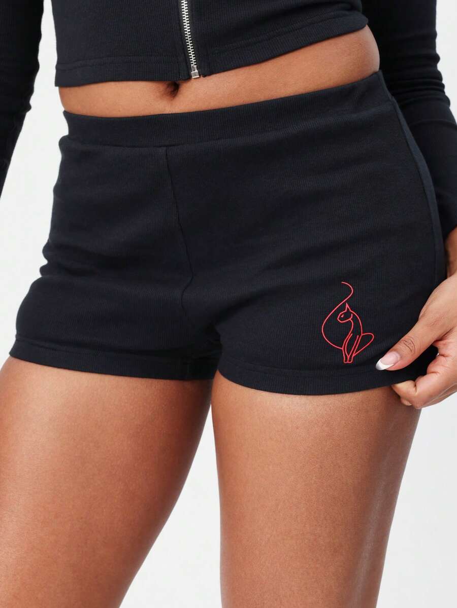 BABYPHAT Shorts mini de alta cintura con tejido acanalado y detalles bordados con logo sutil - Negro - Ver 1