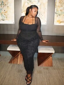Hourglow Plus Size Women Solid Color Mesh Patchwork Long Sleeve Ruched Fitted Halter Top/Autumn /Winter - Black - View 4