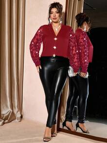 Cravure Plus Size Women Mesh Sleeve Gold Decor Button Shirt - Red - View 3