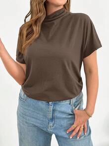 SHEIN Essnce Plus Size Women's Spring And Summer Fashion Casual Loose Comfortable Daily Slim Short-Sleeved Tops, Simple Style,Church,Work Tops - Mocha Brown - View 5