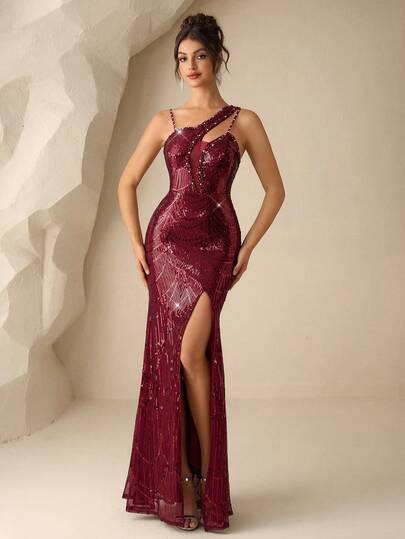 Coutiva Elegant Sequin Embellished Long Sleeve Dress, High-End Formal Gown For Banquet