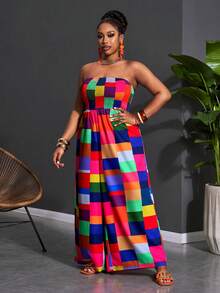 Slaydiva 修身印花无袖连体裤，数码印花面料，大码女装，适合圣诞节/新年装扮、感恩节装扮、沙滩装、性感女装、节日装扮、休闲街头风 - 彩色 - 查看 5