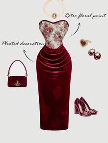 SHEIN MOD Váy dài không dây họa tiết hoa cổ điển màu đỏ Bronte – Đầm dự tiệc cổ điển lãng mạn cho các buổi hẹn hò, tiệc tùng, vũ hội, lễ hội và sinh nhật - Màu Đỏ Sâu - Xem 1