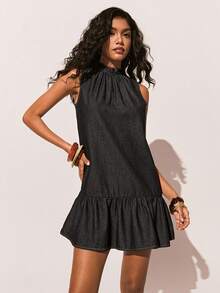 Poéselle New Women's Denim Dress, Casual Washed Denim Sleeveless Ruffle Dress, High-Neck Dress, Mini Dress, Dark Blue Dress. Summer Dresses Summer Outfits  Summer Holiday Outfits Elegant Dresses For Party  Bridesmaid Dress Graduation Dress For Women Ceremony Dress  Elegant Dresses  Summer Vacation Outfits  Formal Dress For Women - Dark Wash - View 4