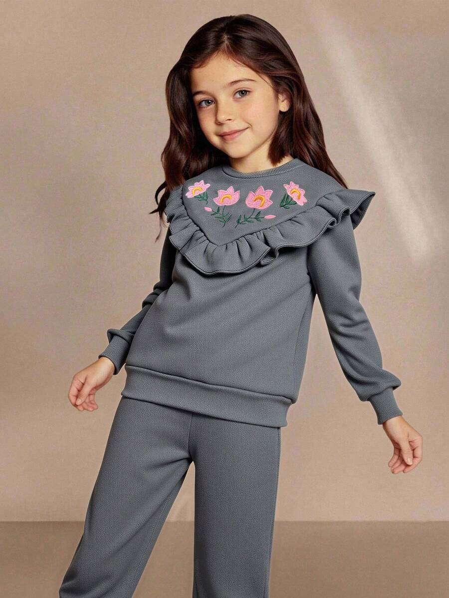 SHEIN Elladie kids 2 件套年轻女孩休闲荷叶边刺绣运动衫上衣 + 运动裤,适合搭配夹克、外套、连帽衫,适合秋冬季日常外出 - 深灰色 - 查看 1