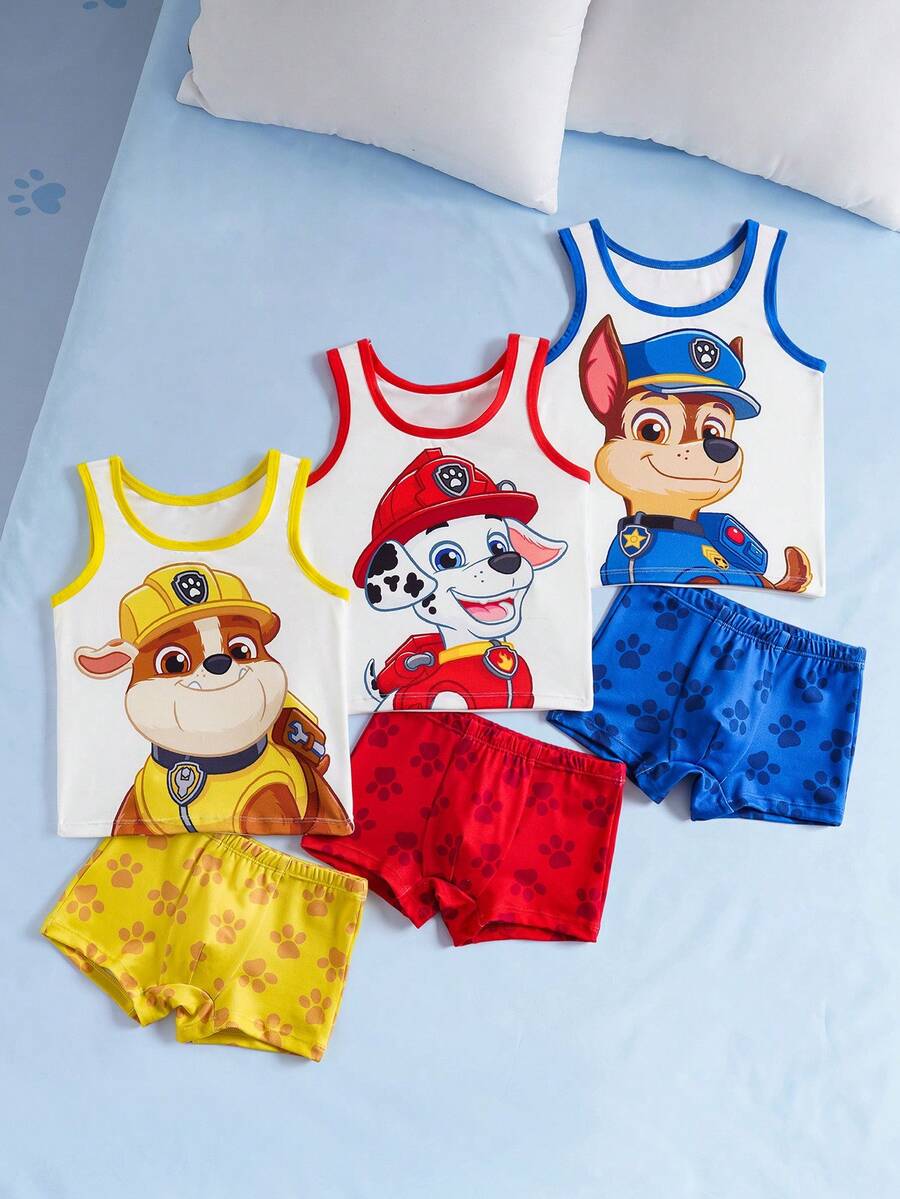 SHEIN | PAW Patrol 男童6件套柔软舒适小狗印花圆领背心和短裤内衣套装 - 白色 - 查看 1