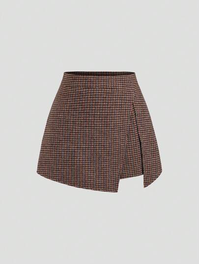 SHEIN Sweetro Váy/quần nữ kẻ caro cổ điển tối giản, kiểu dáng thường ngày, xẻ tà bên hông, đa năng, phù hợp đi làm hàng ngày, mùa thu/đông.