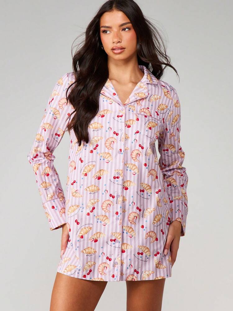 MISSGUIDED Cute Croissant Cherry Print Button Up Sleep Dress Long Sleeve Pajama Shirt Dress Loungewear Nightgown