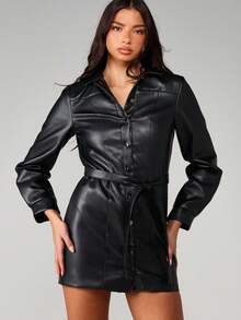 MISSGUIDED 女士长袖仿皮迷你连衣裙，配腰带和纽扣领设计，适合秋冬季派对晚宴穿着 - 黑色 - 查看 1