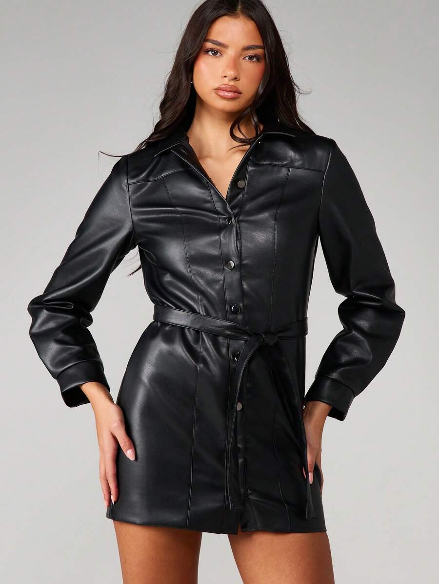 MISSGUIDED 女士长袖仿皮迷你连衣裙，配腰带和纽扣领设计，适合秋冬季派对晚宴穿着 - 黑色 - 查看 1