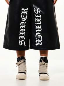 SUMWON WOMEN Faux Leather Wide Leg Longline Culottes With Gothic Typography Print Grunge Style Statement Shorts - Black - View 4