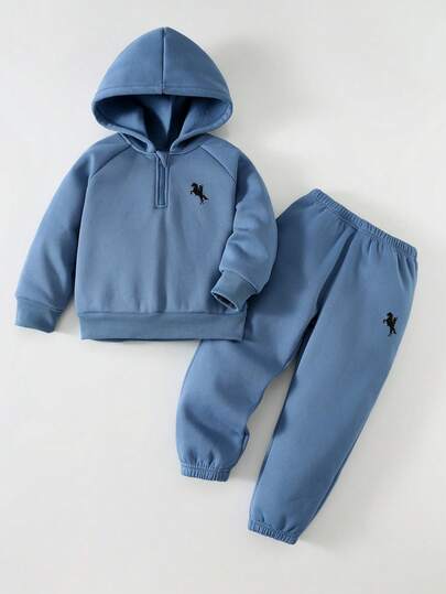 SHEIN 男童保暖连帽外套+松紧腰宽松运动裤两件套运动服，适合秋冬季、郊游、情人节、约会、新年、旅行、派对、度假、家庭聚会、返校、婚礼、晚会、运动等场合。