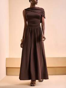 Zivah Women's Dark Brown Summer Elegant One-Shoulder Ruched Top A-Line Long Dress,Bohemian Wedding Guest Party Night Vacation Beach Spring & Summer Dress - Mocha Brown - View 5