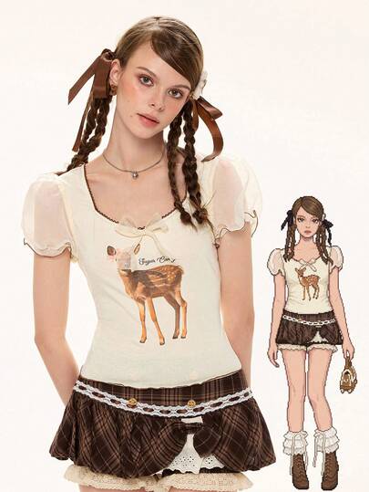 Kawaii Cute Deer Print Bow Decor Queen Anne Neckline Women T-Shirt