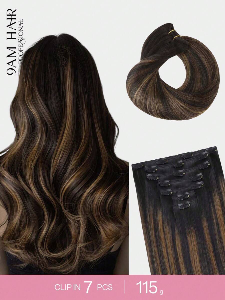 7PCS Straight Clip In Hair Extensions 100% Real Human Hair 14-24 Inch 115G Double Weft Invisible Clip Hair Extensions Remy Natural Human Hair For Women Girls Daily Use - S1B/6/1B - View 1