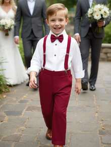 2pcs/Set Toddler Boys' Solid Color Simple Long Sleeve Shirt And Bib Pants - Burgundy - View 3