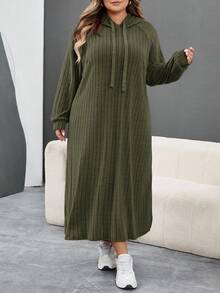 SHEIN CURVE+ 大码女式罗纹长袖连帽宽松连衣裙 - 軍綠色 - 查看 3