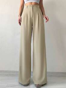 SHEIN Tall Women's Solid Color Wide Leg Suit Pants - Army Green - View 4