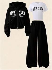 Sparklyn 3 件套青少年女孩印花拉链连帽夹克和极简主义图案 T 恤和阔腿裤套装，娇小女士休闲 T 恤套装，适合外出、度假、街头、返校、校园穿着 - 黑色 - 查看 4