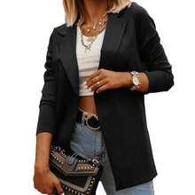 Traje de chaqueta para mujer, estilo informal de negocios, con abertura frontal, ideal para la oficina, color liso. - Negro - Ver 3