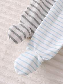 Newborn Elegant Floral Gray & Blue Striped Pattern Cardigan Long Sleeve Outfit Set - Baby Blue - View 3