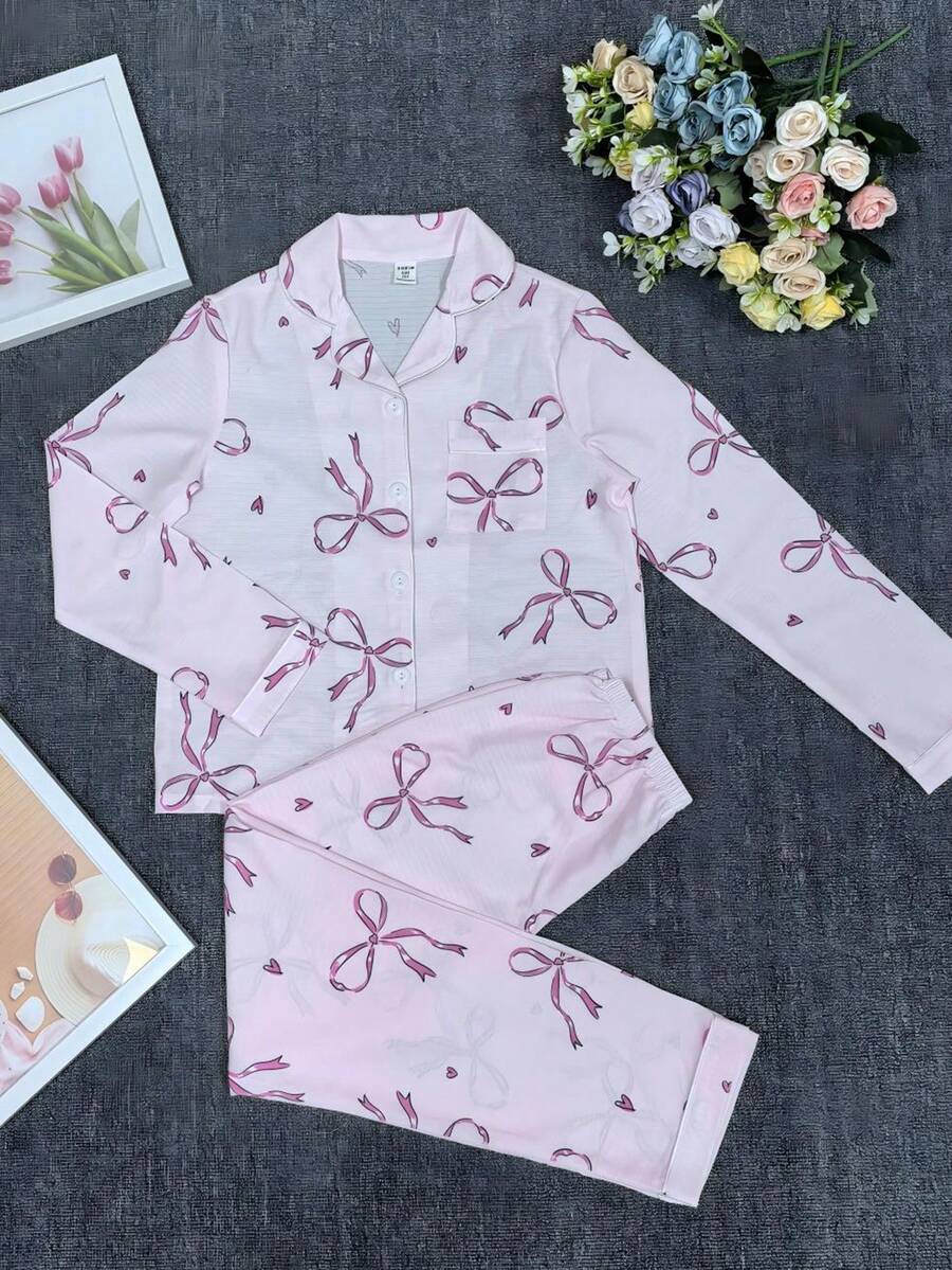 Set pigiama cardigan con colletto arricciato e fiocco rosa, set pigiama carino per ragazze pre-adolescenti per il sonno autunnale, set pigiama abbinato con camicia a fiocco rosa per ragazze pre-adolescenti - Rosa - Visualizzare 1