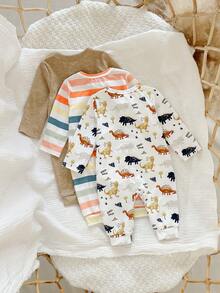 3件套新生女宝宝可爱休闲针织卡通图案长袖连体衣套装 - 白色 - 查看 5