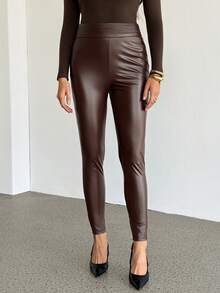 SHEIN Tall 女士大码简约日常约会旅行穿着优雅派对纯色红棕色咖啡棕色弹力PU修身打底裤 - 棕色 - 查看 9