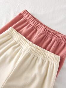 2pcs Girls' Beige & Lotus Pink Plush Checkered Basic Sleepwear Set, Long Sleeve Top & Pants, Autumn/Winter - Multicolor - View 5