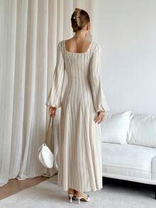 Siren Gaze 新款条纹方领收腰A字长连衣裙，优雅连衣裙 - 杏色 - 查看 2