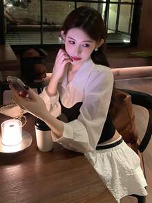 DAZY 女士翻领撞色长袖修身韩版衬衫 - 黑色 - 查看 6