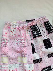 Comfortcana 女士弹力腰格子爱心蝴蝶结印花休闲可爱阔腿裤，适合日常穿着 - 彩色 - 查看 6