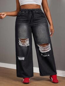 CurvyTilda Damen Große Größen Lässig Destroyed Weite Bein Jeans mit Kordelzug - Schwarz - Übersicht 4