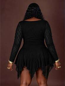 CurvyTilda Plus Size Women's Solid Color Pleated Square Neck Long Sleeve Asymmetrical Hem Dress, Y2k Vintage Asymmetrical Hem Dress, Halloween Costume, Witch Costume Black Dress, For Hourglass Body Shape - Black - View 2