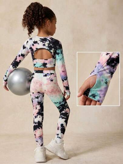 2pcs/Set Girls' Colorful Tie-Dye Print Knit Sportswear Set, Casual Daily Fashion Leotard & Dancewear