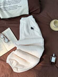 Franclia Casual Minimalist Embroidered Flannel Fleece Lounge Pants/Pajama Pants - White - View 8