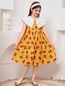 SHEIN Tween Girl Golden Yellow Rose Floral Print Patchwork Ruffle Collar Sleeveless A-Line Dress,Summer Elegant Party Girls Matching Outfits Sisters Style - Yellow - View 6