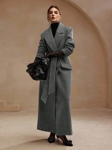 Anewsta Women's Grey Wool Blend Belted Mid-Length Coat With Lapel Collar